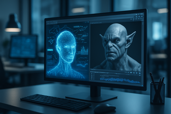 Professional studio setup with AI data streams and CG renders