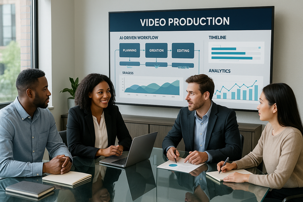 Team reviewing AI-driven video production workflow in modern office