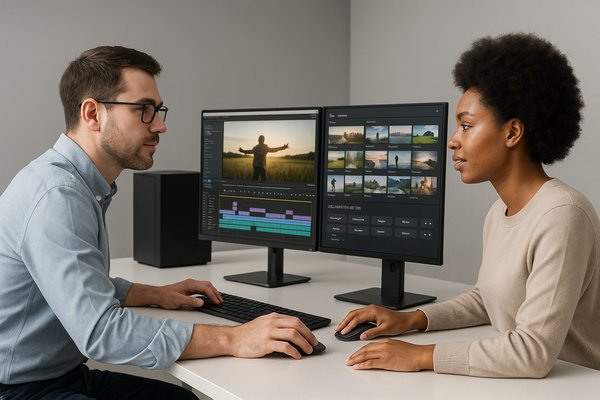 Studio collaboration illustrating AI-assisted video editing workflow