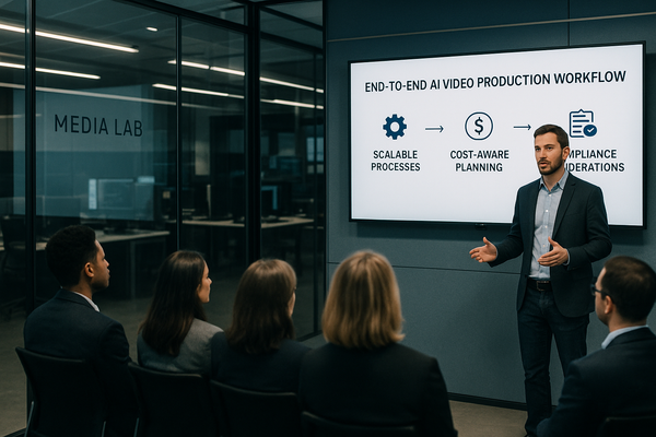 Presenter outlining end-to-end AI video production workflow